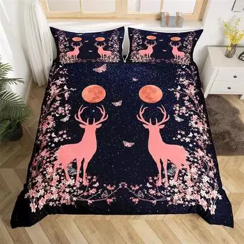 Комплект постельного белья с изображением оленя и животных, комплект постельного белья с изображением бабочек и цветов из микрофибры, одеяло с изображением луны и галактики для девочек-подростков EU single(135x200cm)