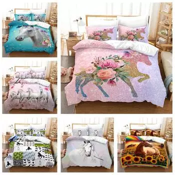 Комплект постельного белья с изображением лошадей в 3D-стиле для мальчиков и девочек, пуховый пододеяльник, наволочка 2/3 шт., односпальная двуспальная кровать, комплект пододеяльников из роскошного домашнего текстиля, подарок Baby 100x135cm