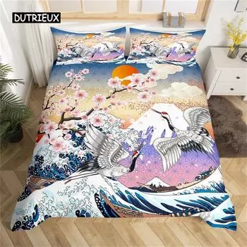 Комплект постельного белья с изображением цветущей японской вишни, набор пододеяльников с изображением пейзажа, стильный комплект, покрывало из полиэстера, художественное одеяло, покрывало для спальни US Queen(228x228cm)