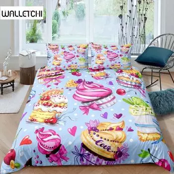 Комплект постельного белья с изображением мороженого и вкусной едой, полиэстеровый пододеяльник, размер King Queen, полный размер для детей, комплект постельного белья с наволочкой EU single(135x200cm)