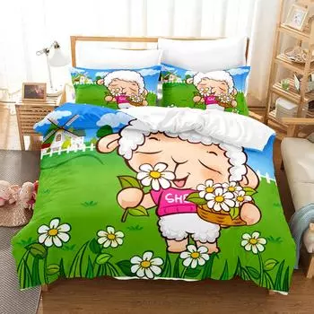Комплект постельного белья с изображением мультяшной овцы, милый белый овечий цветочный узор, размер King Queen, полный размер для детей, подарок для мальчиков и девочек, комплект постельного белья из полиэстера 70x133cm 2pcs