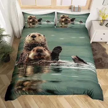 Комплект постельного белья с изображением морских выдр, 3 предмета, пододеяльник с изображением подводных животных, комплект пододеяльников с изображением морской жизни и океана, мягкий полиэстеровый пододеяльник EU Single(135x200cm)
