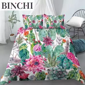 Комплект постельного белья с изображением кактуса, размер Queen, мятно-зеленый весенний сад с букетом колючих растений в стиле бохо, комплект постельного белья из 2/3 предметов EU single(135x200cm)