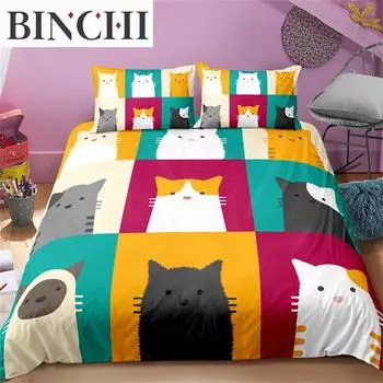 Комплект постельного белья с изображением мультяшных питомцев, кошек, красочная вышивка, пододеяльник для любителей кошек, эксклюзивный подарок для украшения спальни для женщин и мужчин EU single(135x200cm)