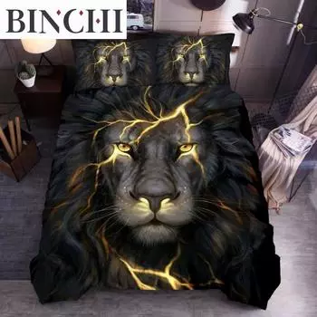 Комплект постельного белья с изображением животных, размер Queen, полиэстер, молния, лев, серый, черный, мягкий комплект постельного белья для мальчиков-подростков, мужчин EU single(135x200cm)