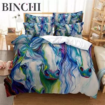 Комплект постельного белья с изображением лошади 3D Queen Bedding Duvet Cover Set Bedding Bed Cover Cotton Queen Bed Cover Set Bed Set Bedding EU single(135x200cm)&set