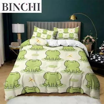 Комплект постельного белья с изображением животных лягушек размера King Queen, зеленый, милый комплект постельного белья с изображением лягушек из мультфильма для детей, женщин, украшения для спальни EU single(135x200cm)