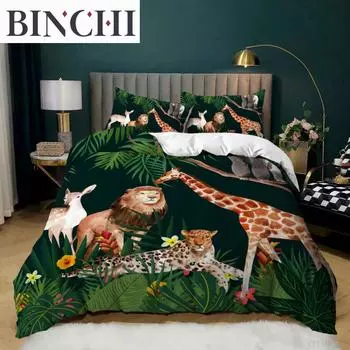 Комплект постельного белья с изображением животных King Twin Size, комплект постельного белья с рисунком лося, жирафа, льва, тигра, микрофибра, покрывало с изображением животных тропического леса EU single(135x200cm)
