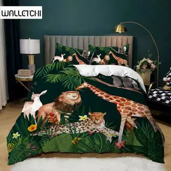 Комплект постельного белья с изображением животных King Twin Size, комплект постельного белья с рисунком лося, жирафа, льва, тигра, микрофибра, покрывало с изображением животных тропического леса EU single(135x200cm)