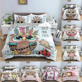 Комплект постельного белья с изображением совы из мультфильма, милые животные, пододеяльник для детей, постельное белье с наволочкой, односпальная кровать, домашний текстиль 70x133cm 2pcs