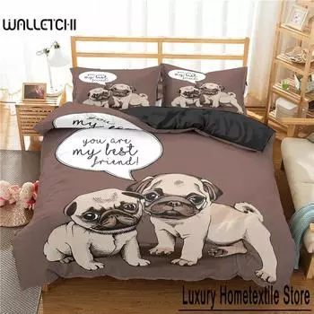 Комплект постельного белья с изображением мопса и щенка в 3D-стиле, милый домашний питомец, щенок, пододеяльник, размер King Queen, милый мягкий стеганый чехол с изображением животных 70x133cm 2pcs