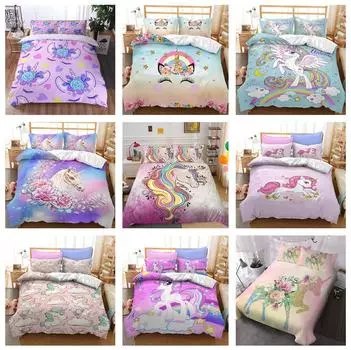 Комплект постельного белья с изображением единорога, напечатанный на 3D-принтере, мультяшное животное, для девочек и детей, пуховый пододеяльник и наволочка, 2/3 шт., односпальная двуспальная кровать, все размеры, комплект пододеяльников Baby 100x135cm