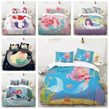 Комплект постельного белья с изображением принцессы-русалки 3D для девочек и женщин с мультяшным рисунком, пододеяльник, наволочки, 2/3 шт., подарок Baby 100x135cm
