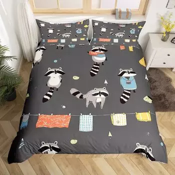 Комплект постельного белья с изображением енота для мальчиков и девочек, милый мультяшный дикий зверь, пододеяльник, милые животные, покрывало из полиэстера EU Single(135x200cm)