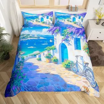 Комплект постельного белья с изображением морского пейзажа и цветов в деревенском стиле Пододеяльник с изображением острова в прибрежном стиле Пододеяльник с изображением океана EU Single(135x200cm)