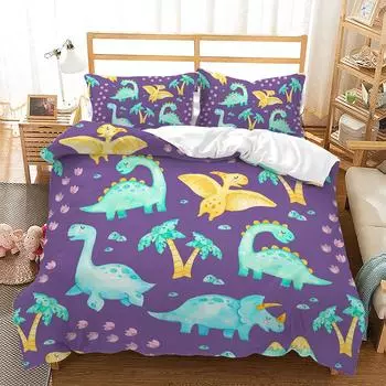 Комплект постельного белья с изображением динозавра из мультфильма, мягкое постельное белье из полиэстера с наволочкой, односпальный, двуспальный, домашний декор для спальни, детский, для мальчиков, пододеяльник Eu Single135x200cm