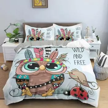 Комплект постельного белья с изображением совы для мальчиков и девочек, двуспальный, пододеяльник, наволочка, детская кровать, взрослая мода, домашний текстиль EU Single 135x200cm