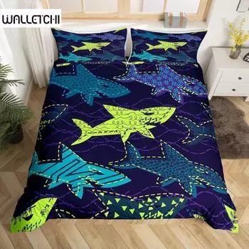 Комплект постельного белья с изображением акулы, комплект постельного белья с изображением глубоководных животных, мультяшные акулы из океана, красочный нарисованный вручную пододеяльник для детей, мальчиков и девочек EU single(135x200cm)