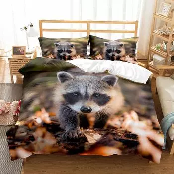 Комплект постельного белья с изображением енота, милые дикие животные, полиэстеровое одеяло, размер King Queen для детей, мальчиков и девочек, комплект постельного белья с наволочкой EU single(135x200cm)
