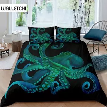 Комплект постельного белья с изображением осьминога из микрофибры с зелеными щупальцами осьминога, комплект постельного белья для двоих, морская тема, подводное животное, чехол для одеяла EU single(135x200cm)