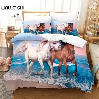 Комплект постельного белья с изображением лошади, белый и коричневый, с рисунком лошади, с рисунком диких животных, фермерский дом, ковбои, королева, полиэстер, пододеяльник EU single(135x200cm)