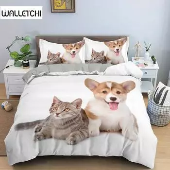 Комплект постельного белья с изображением собак и кошек, двуспальный комплект постельного белья с изображением животных для мальчиков и девочек, микрофибра, 3D, щенок, котенок, пододеяльник EU single(135x200cm)