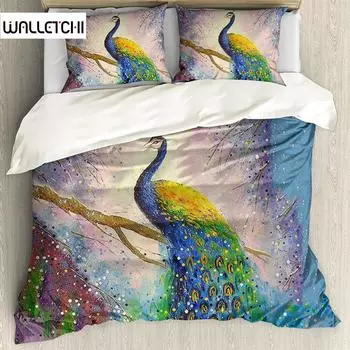 Комплект постельного белья с изображением павлина, комплект постельного белья с радужными перьями для декора спальни, хиппи, полиэстеровое одеяло в стиле тай-дай, двуспальное двуспальное одеяло размера Queen EU single(135x200cm)