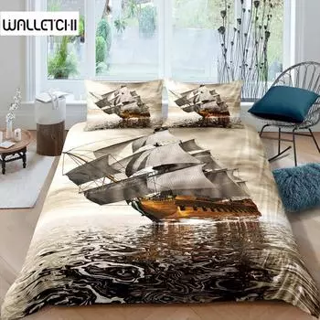 Комплект постельного белья с изображением парусника из микрофибры с морским декором Queen Retro Pirate Sailboat, комплект постельного белья с рисунком «закат на море» EU single(135x200cm)