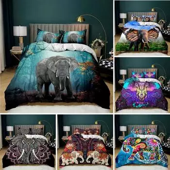 Комплект постельного белья с изображением слона в стиле бохо, комплект постельного белья с изображением слона в стиле богемы, комплект постельного белья с изображением слона в стиле сафари, животных, индийский, экзотический, королевский, королевский, поли