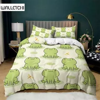 Комплект постельного белья с изображением животных лягушек размера King Queen, зеленый, милый комплект постельного белья с изображением лягушек из мультфильма для детей, женщин, украшения для спальни EU single(135x200cm)