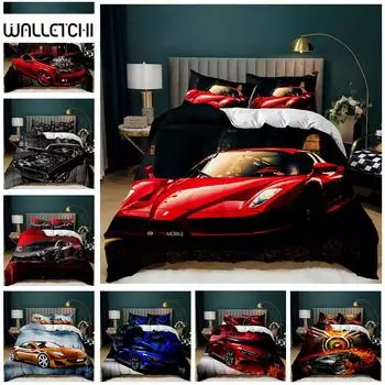 Комплект постельного белья с изображением гоночной машины, двойной размер, комплект пододеяльников с изображением горящего красного пламени, 3D-пододеяльник со спортивным автомобилем, 3 предмета постельного белья, пододеяльник King Duvet Cover EU single(1