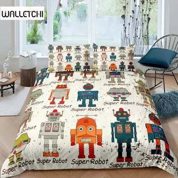 Комплект постельного белья с изображением робота для мальчиков, комплект постельного белья с акварельным рисунком робота, современный мультяшный рисунок супер-робота, комплект постельного белья размера King Size из 3 предметов 140x200cm 3pcs