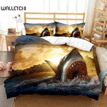 Комплект постельного белья с изображением акулы, выпрыгивающей из океана, с принтом большой открытой пасти, комплект постельного белья для двоих, двуспальный, размер Queen, размер King, полиэстеровый пододеяльник 140x200cm 3pcs