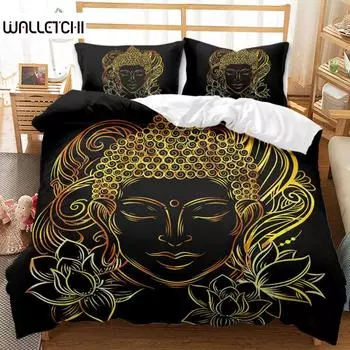 Комплект постельного белья с изображением Будды размера King Size, золотистая мандала, азиатская культура, комплект постельного белья из микрофибры, экзотический ретро-стиль, покрывало EU single(135x200cm)