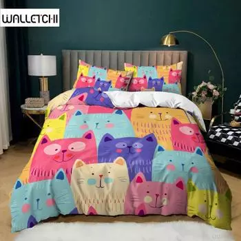 Комплект постельного белья с изображением животных, мультяшные котята, забавные улыбающиеся каракули, юмористический комплект постельного белья для близнецов, мальчиков и девочек, королевы, короля, полиэстеровое одеяло EU single(135x200cm)
