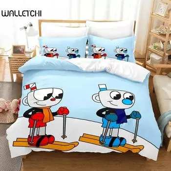 Комплект постельного белья с изображением мультяшного персонажа Mugman Cuphead, пододеяльник, стеганое одеяло, наволочка, одеяло размера «king-size», комплект постельного белья для мальчиков и взрослых 70x133cm 2pcs