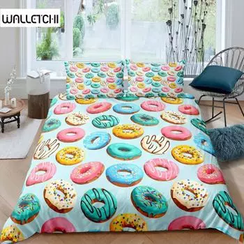 Комплект постельного белья с изображением пончика, наволочка с изображением десерта и еды, цветной принт, 2/3 шт., двуспальный комплект постельного белья размера «king-size» для девочек EU single(135x200cm)