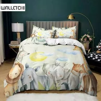 Комплект постельного белья с изображением животных Queen Cute African Animal Print Twin Комплект постельного белья из микрофибры с красочными животными джунглей для вечеринки в зоопарке Покрывало для пододеяльника EU single(135x200cm)