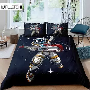 Комплект постельного белья с изображением астронавта Комплект постельного белья с изображением астронавта, играющего на гитаре, для подростков, мальчиков, детей, галактики, звезд, космоса, полиэстеровый чехол для одеяла EU single(135x200cm)