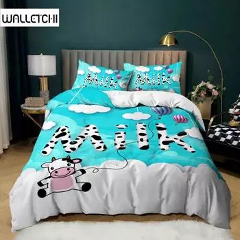 Комплект постельного белья с изображением коровы, размер King, комплект постельного белья с изображением коровьего молока, из микрофибры, голубое небо и белые облака, наволочка с изображением фермы и воздушных шаров EU single(135x200cm)