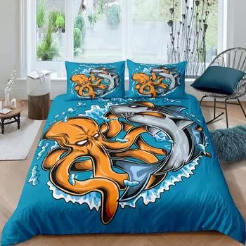 Комплект постельного белья с изображением осьминога из микрофибры с зелеными щупальцами осьминога, комплект постельного белья для двоих, морская тема, подводное животное, чехол для одеяла EU single(135x200cm)