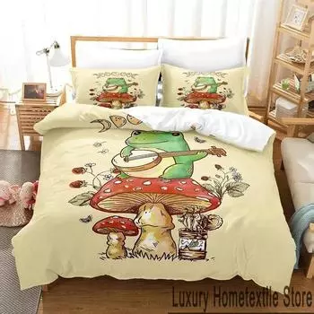 Комплект постельного белья с изображением лягушки-гриба из мультфильма «Cottagecore» в формате 3D, пододеяльник, комплект постельного белья, пододеяльник, наволочка, одеяло размера «king-size» для мальчиков и взрослых EU Single 135x200cm