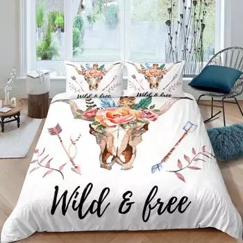 Комплект постельного белья с изображением черепа быка, комплект постельного белья в стиле бохо-шик с перьями, экзотические ветки и цветы для подростков, микрофибра, королевское одеяло EU single(135x200cm)
