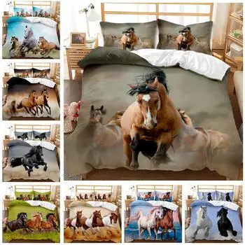 Комплект постельного белья с изображением лошади размера Queen, комплект постельного белья из 3 предметов с декоративным рисунком пони и 2 подушками, пододеяльник с принтом Horse Freedom Runs Gallop Farm EU single(135x200cm)