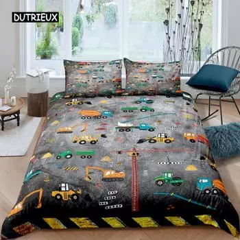 Комплект постельного белья с изображением экскаватора, микрофибры, трактора, грузовика, двухспального комплекта постельного белья с изображением строительной машины для мальчиков-подростков US Queen(228x228cm)