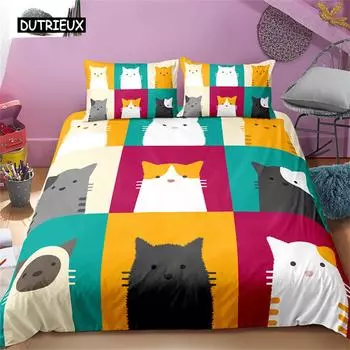 Комплект постельного белья с изображением мультяшных питомцев, кошек, красочная вышивка, пододеяльник с изображением животных, эксклюзивный подарок для любителей кошек, украшение для спальни, женщины и мужчины EU single(135x200cm)