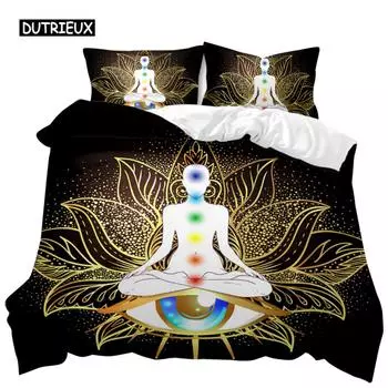 Комплект постельного белья с изображением Будды, индийское искусство, богема, мандала, дзен, тематический комплект постельного белья, медитация, буддийский лотос, цветочный полиэстер, одеяло EU single(135x200cm)