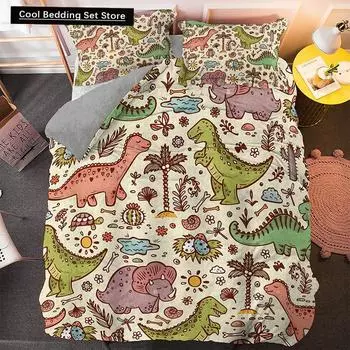 Комплект постельного белья с изображением динозавра, двуспальная кровать, двуспальная кровать, пододеяльник с изображением животных, наволочка из полиэстера, 2/3 шт. US Queen(228x228cm)