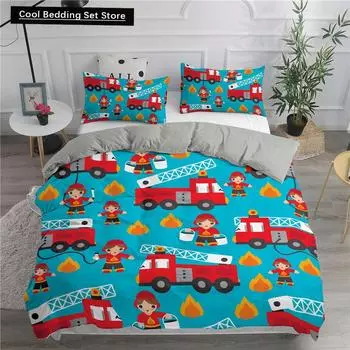 Комплект постельного белья с изображением пожарной машины King Queen для мальчиков, детский бетоновоз, пододеяльник, трактор, кран, экскаватор, полиэстеровое одеяло EU single(135x200cm)