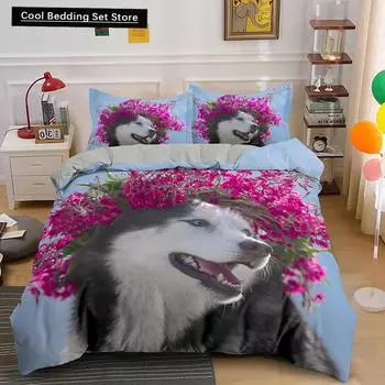 Комплект постельного белья с изображением собаки хаски, размер King Queen, забавный питомец, щенок, пододеяльник для детей, мальчиков и девочек, милые животные, 2/3 шт., полиэстер, пододеяльник EU single(135x200cm)